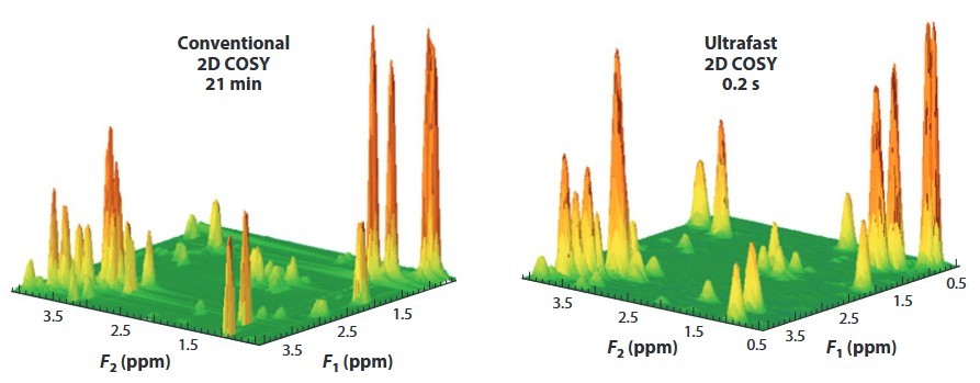 Comparison of conventional 2D COSY and ultrafast 2D COSY spectra.